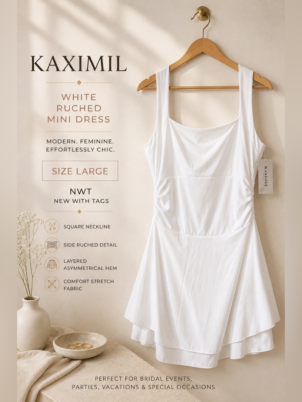 Kaximil White Ruched Sleeveless Mini Dress Size Large NWT